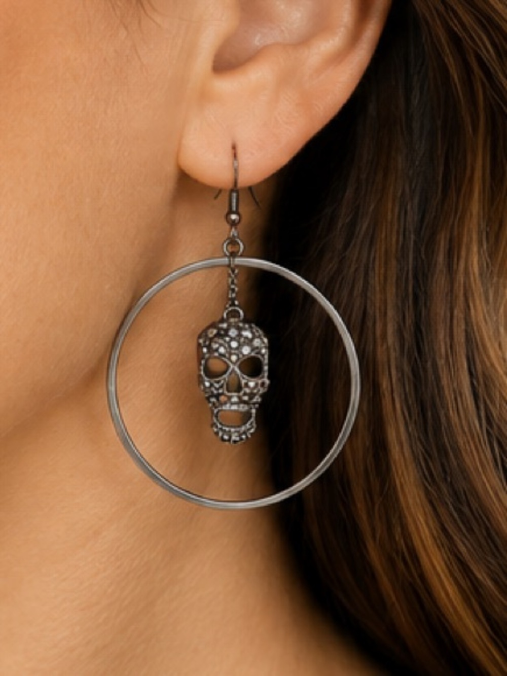 NEW - Sam Edelman Skull Hoop Earrings – Gunmetal Crystal Statement Earrings